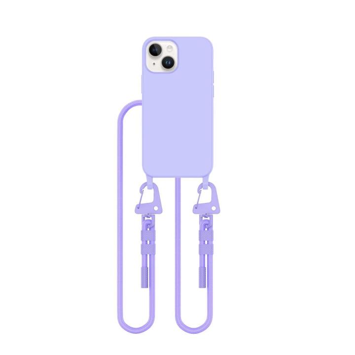 Modne, lawendowe etui na iPhone 13 Mini z wytrzymałym sznurkiem do noszenia na szyi lub przez ramię. Gwarantuje wygodę i bezpieczeństwo.