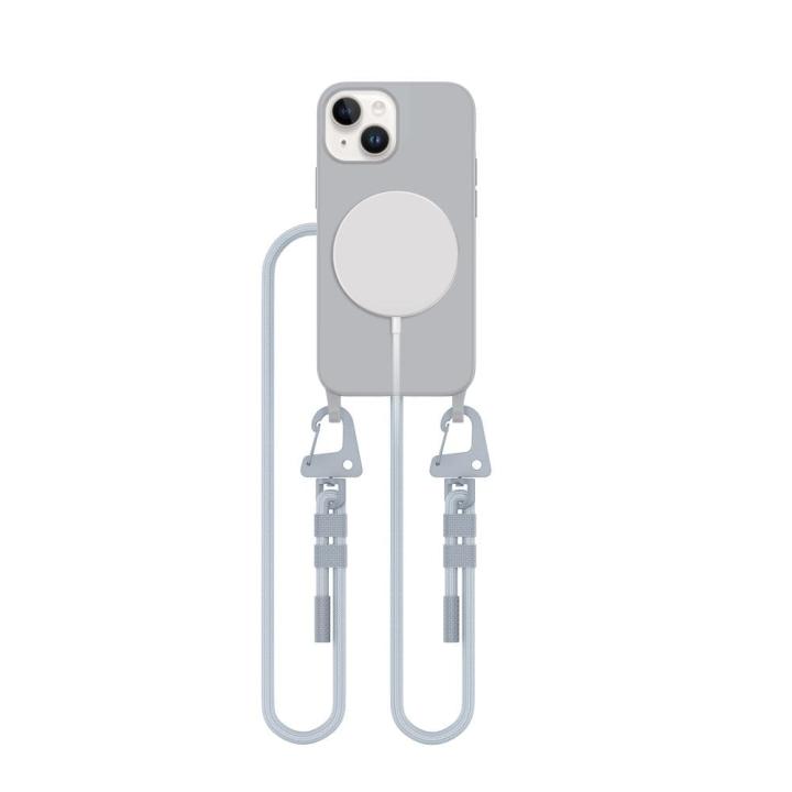 Wygodne, szare etui na iPhone 13 Mini z wytrzymałym sznurkiem do noszenia na szyi lub przez ramię. Wbudowany pierścień MagSafe zapewnia bezpieczne mocowanie akcesoriów. Idealne dla ceniących swobodę.