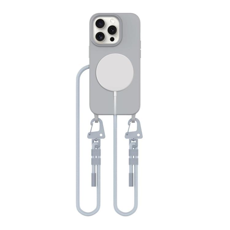 Wygodne, szare etui na iPhone 14 Pro z wytrzymałym sznurkiem do noszenia na szyi lub przez ramię. Wbudowany pierścień MagSafe zapewnia bezpieczne mocowanie akcesoriów. Idealne dla ceniących swobodę.