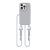 Szare etui z białym sznurkiem crossbody. Wbudowany pierścień magnetyczny MagSafe idealny do mocowania akcesoriów. Wygodny sznurek pozwala na noszenie iPhone 14 Pro, chroniąc go przed upadkami.