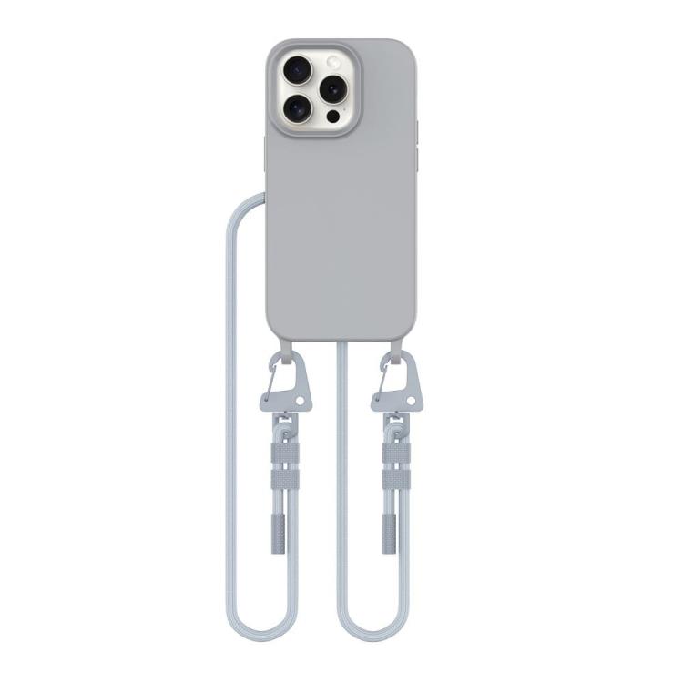 Szare etui z białym sznurkiem crossbody. Wbudowany pierścień magnetyczny MagSafe idealny do mocowania akcesoriów. Wygodny sznurek pozwala na noszenie iPhone 14 Pro, chroniąc go przed upadkami.