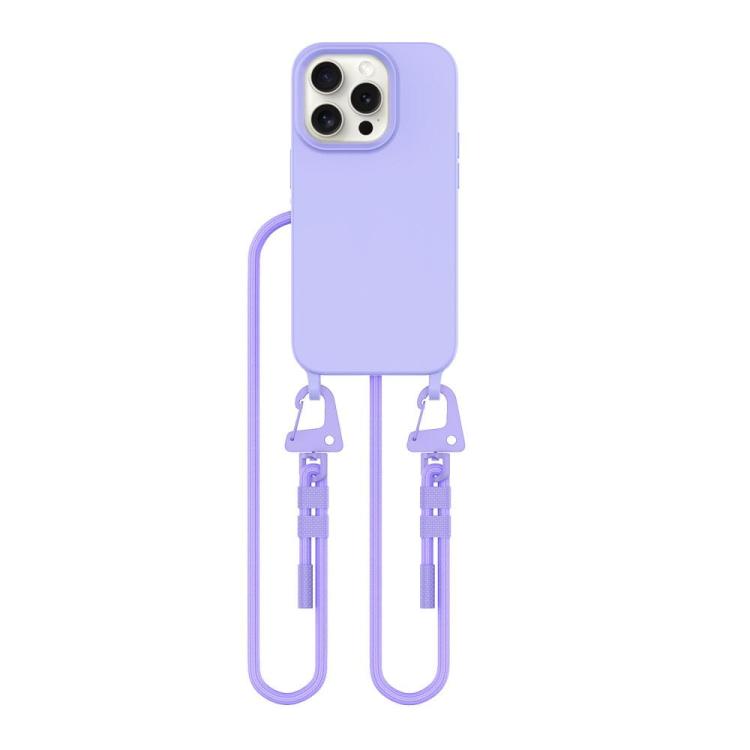 Modne, lawendowe etui na iPhone 14 Pro z wytrzymałym sznurkiem do noszenia na szyi lub przez ramię. Gwarantuje wygodę i bezpieczeństwo.