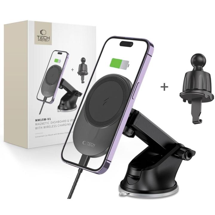 TECH-PROTECT MM15W-V1 MAGNETIC MAGSAFE DASHBOARD &amp; VENT CAR MOUNT WIRELESS CHARGER 15W BLACK