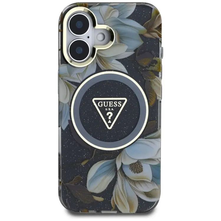 GUESS futerał do IPHONE 16 kompatybyliny z MagSafe GUHMP16SHFLPEDK (IML Metal Glitter Flowers Triangle) czarny