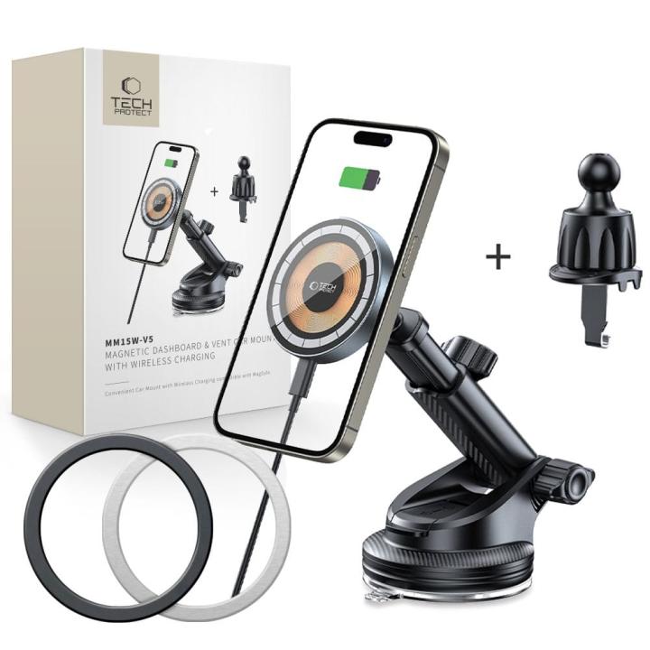TECH-PROTECT MM15W-V5 MAGNETIC MAGSAFE DASHBOARD & VENT CAR MOUNT WIRELESS CHARGER 15W BLACK/INTERIOR