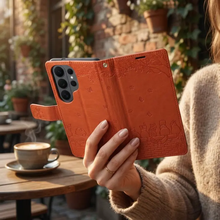 Etui z klapką na Samsung A57 Mezzo Book koty brązowy