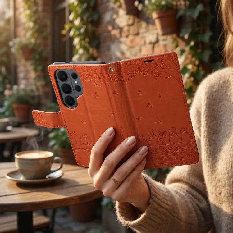 Etui z klapką na Samsung A57 Mezzo Book koty brązowy